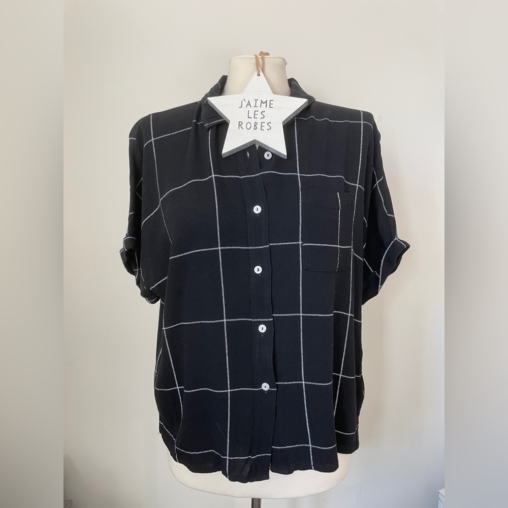 FUN2FUN Black Button Down Blouse With White Grid Lines
